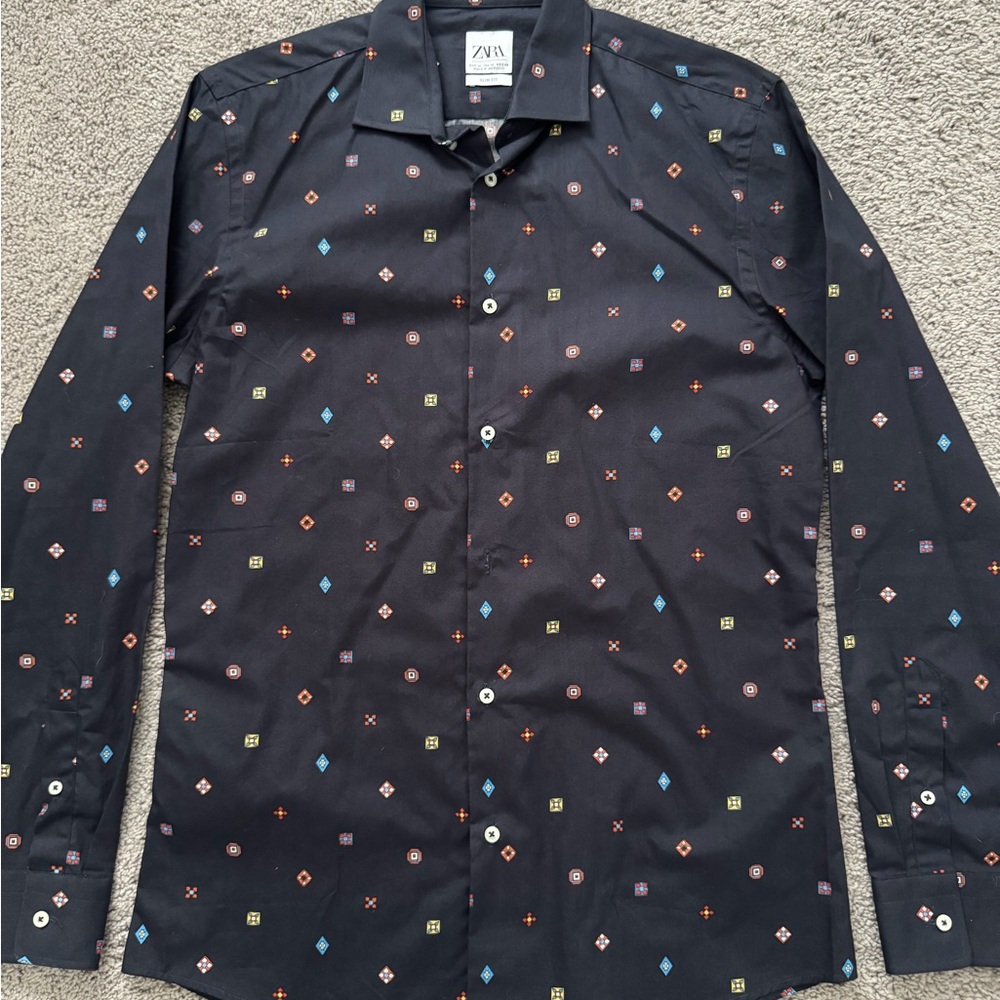 Zara Men's Black Multicolor Geometric Shirt